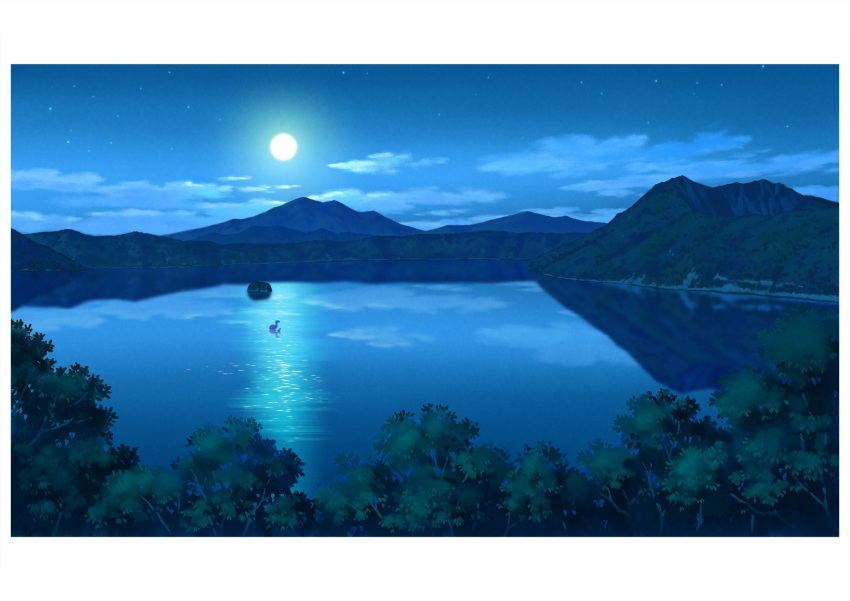 bird border cloud cloudy_sky duck forest full_moon hariken highres lake landscape moon mountain mountainous_horizon nature night night_sky no_humans original outdoors reflection reflective_water scenery sky star_(sky) tree water white_border