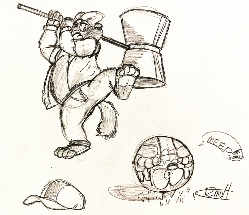 ball_transformation bottomwear canid canine canis clothing domestic_dog duo feet grass hammer hat headgear headwear hi_res humanoid_feet inanimate_transformation male mammal nervous_smile pants plant plantigrade rufflemutt shirt shocked_expression signature sketch speech_bubble tail tools toony topwear transformation