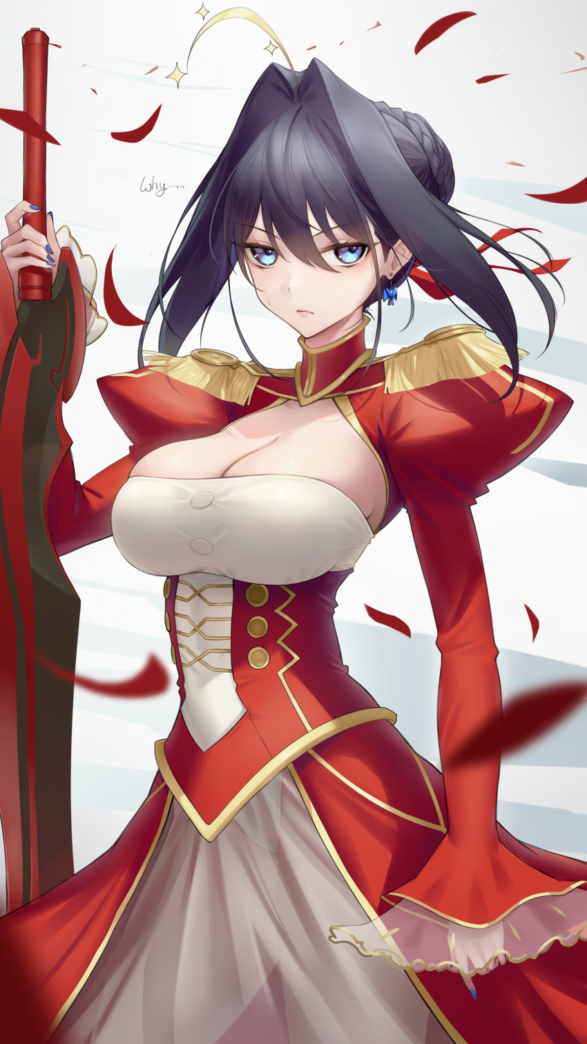 1girl absurdres ahoge black_hair blue_eyes bow bow_earrings breasts cleavage closed_mouth corset cosplay dress earrings epaulettes falling_petals gold_trim hair_intakes highres holding holding_sword holding_weapon hololive hololive_english jewelry large_breasts looking_at_viewer nero_claudius_(fate) nero_claudius_(fate/extra) nero_claudius_(fate/extra)_(cosplay) ouro_kronii petals red_dress short_hair signature solo somebody_(leiking00) sword virtual_youtuber weapon