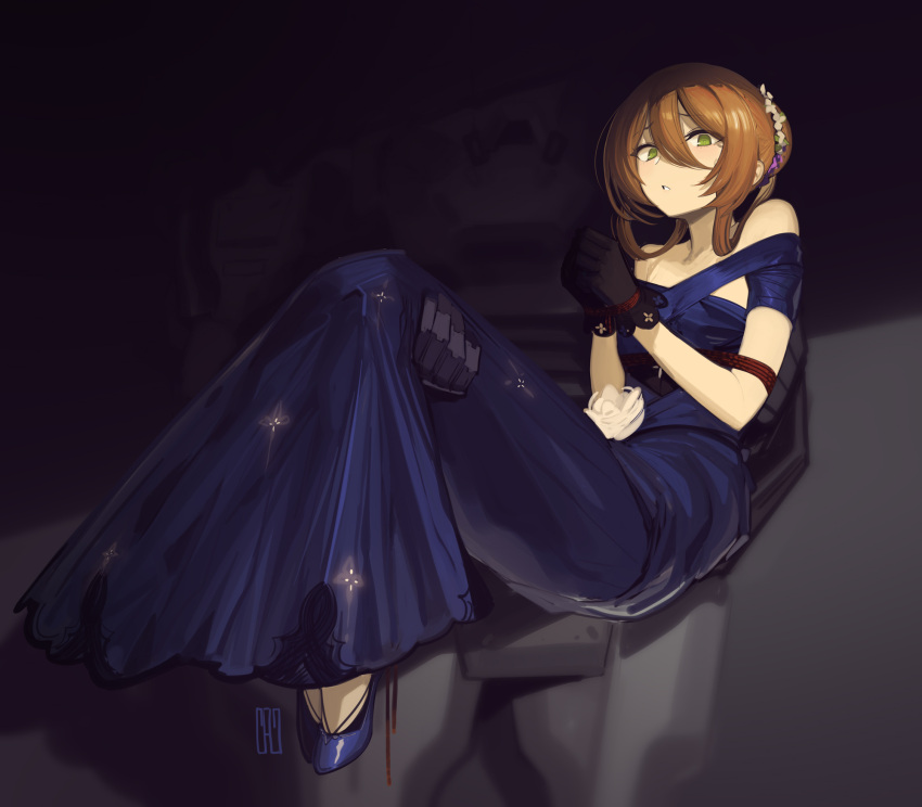 1girl bare_shoulders bdsm black_gloves blue_dress bondage bound bound_ankles bound_arms bound_wrists brown_hair cad_(caddo) carrying dress evening_gown flower girls'_frontline gloves green_eyes hair_between_eyes hair_flower hair_ornament hair_rings highres off-shoulder_dress off_shoulder princess_carry restrained rope rose solo_focus springfield_(girls'_frontline) springfield_(queen_in_radiance)_(girls'_frontline) white_flower white_rose