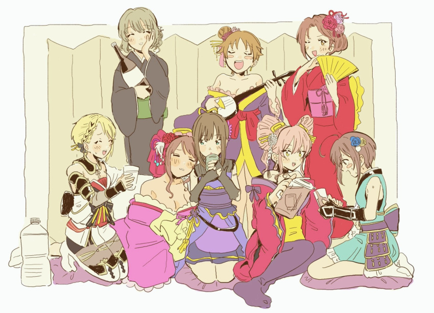 6+girls ahoge aiba_yumi bare_shoulders blonde_hair blush bottle braid breasts brown_eyes brown_hair cleavage collarbone cup earrings folding_fan furisode green_eyes green_hair hair_bun hair_ornament hair_stick hand_fan highres idolmaster idolmaster_cinderella_girls idolmaster_cinderella_girls_starlight_stage inichigaichi instrument japanese_clothes jewelry jougasaki_mika kanzashi katagiri_sanae kawashima_mizuki kimono large_breasts long_hair medium_breasts mifune_miyu multiple_girls ninja obi off_shoulder on_floor open_mouth pink_hair ponytail sake_bottle sash seiza shamisen shibuya_rin short_hair single_hair_bun sitting smile takagaki_kaede twintails wakiyama_tamami water_bottle yellow_eyes