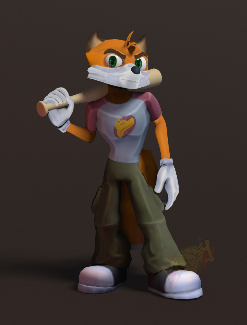 3d_(artwork) angry anthro baggy_pants baseball_bat bat_(object) blender_(software) bottomwear brown_background canid canine cargo_pants clothing digital_media_(artwork) footwear fox gloves green_eyes handwear hi_res holding_object holding_weapon looking_at_viewer male mammal melee_weapon muddy_(artist) muddy_(muddy) multicolored_clothing pants pose shadow shirt shoes simple_background solo standing t-shirt topwear watermark weapon white_clothing white_gloves white_handwear