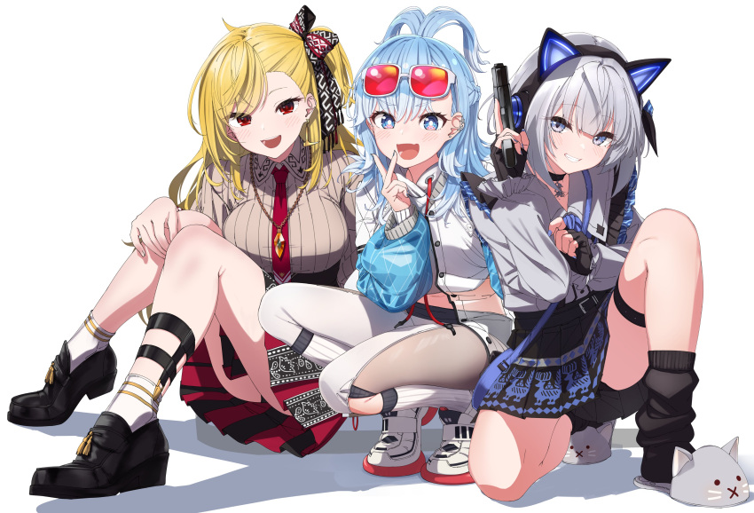 3girls absurdres animal_ear_headphones animal_ears black_corset black_footwear black_gloves black_skirt blonde_hair blue_bow blue_eyes blue_hair blush bow breasts cat_ear_headphones cat_slippers choker closed_mouth collared_shirt corset earrings eyewear_on_head fake_animal_ears fingerless_gloves frilled_shirt frills full_body genuflecting gloves grey_footwear grey_hair grey_shirt grin gun hair_bow hand_on_own_knee headphones high-waist_skirt highres holding holding_gun holding_weapon holoh3roes hololive hololive_indonesia hood hoodie jewelry kaela_kovalskia kaela_kovalskia_(3rd_costume) kneeling knees_up kobo_kanaeru kobo_kanaeru_(1st_costume) large_breasts leg_warmers long_hair long_sleeves looking_at_viewer multicolored_hair multiple_girls necklace necktie official_alternate_costume open_mouth pleated_skirt purple_eyes red_eyes red_necktie shinomu_(cinomoon) shirt simple_background sitting skirt smile socks squatting thigh_strap two-tone_hair two-tone_skirt v vestia_zeta vestia_zeta_(3rd_costume) virtual_youtuber weapon white_background white_hair white_hoodie white_sneakers white_socks