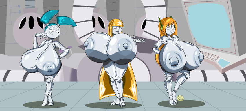 absurd_res areola big_breasts blonde_hair blue_eyes blue_hair breasts cave_story curly_brace fan_character feet female grey_body grey_skin group hair hi_res huge_breasts humanoid hyper hyper_breasts ilpanza jenny_wakeman laboratory looking_at_another machine metallic_body metallic_hair metallic_skin my_life_as_a_teenage_robot nickelodeon nipples nude pseudo_hair robot robot_humanoid robot_joints smile trio white_areola white_nipples wide_hips