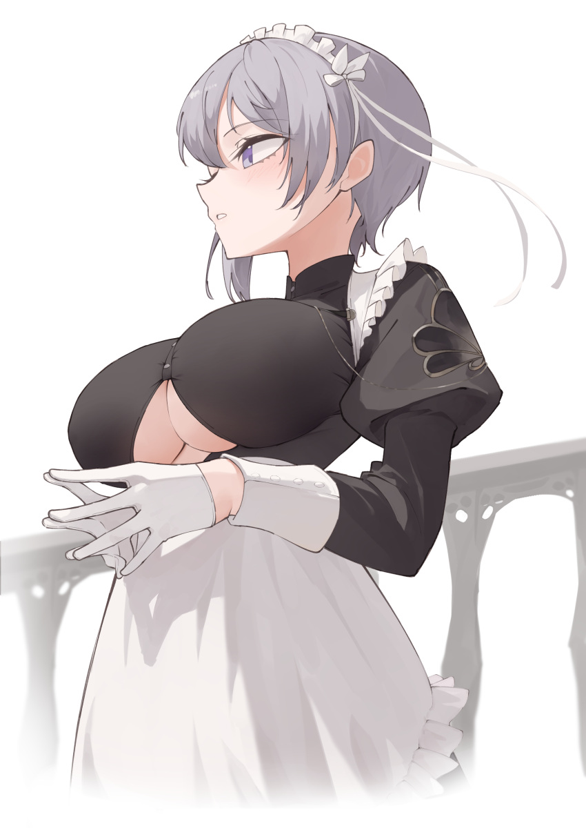 1girl absurdres alternate_costume apron azur_lane bellona_(armed_to_clean)_(azur_lane) bellona_(azur_lane) blush breasts clothing_cutout commission cropped_legs enmaided frilled_apron frills from_side gloves highres juliet_sleeves large_breasts long_sleeves maid maid_headdress official_alternate_costume parted_lips pixiv_commission puffy_sleeves purple_eyes purple_hair short_hair shun'ya_(daisharin36) simple_background solo steepled_fingers underboob underboob_cutout white_apron white_gloves
