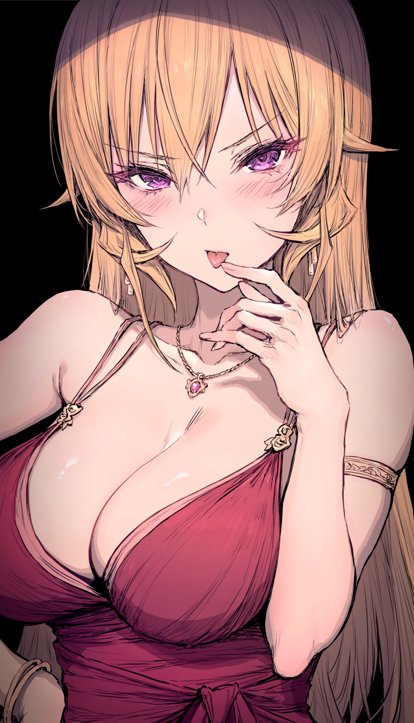 1girl :p armlet black_background blonde_hair bracelet breasts cleavage dress earrings gold_earrings gold_necklace hand_on_own_hip hand_up haoni highres jewelry large_breasts nakiri_erina necklace purple_eyes red_dress shokugeki_no_souma simple_background solo tongue tongue_out upper_body v-shaped_eyebrows