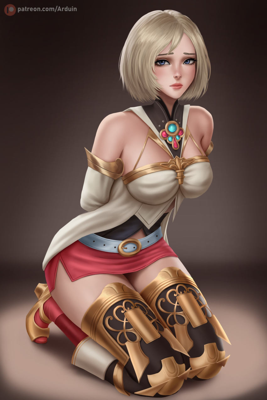 1girl arduina_(arduin_art) ashelia_b'nargin_dalmasca bare_shoulders blonde_hair breasts closed_mouth detached_sleeves final_fantasy final_fantasy_xii full_body grey_eyes highres kneeling lips looking_at_viewer medium_breasts miniskirt nose red_skirt short_hair side_slit skirt sleeveless solo thighhighs