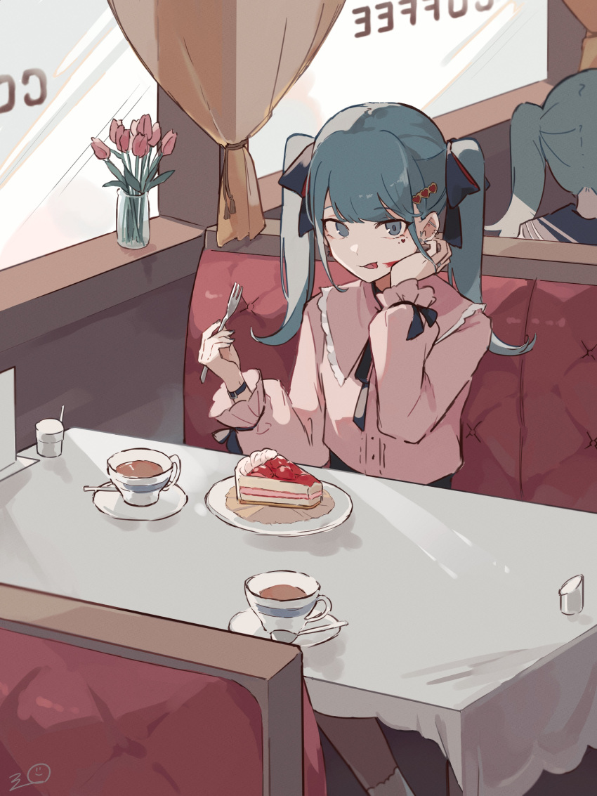 2girls :p absurdres black_ribbon black_sailor_collar booth_seating bottle cafe cake cake_slice cinderella_(vocaloid) collar collared_shirt commentary cup dual_persona ear_piercing facial_mark flower food food_on_face fork frilled_collar frills hair_ornament hair_ribbon hatsune_miku heart heart_hair_ornament highres holding holding_fork indoors looking_at_viewer medium_hair mikuni144 multiple_girls neck_ribbon piercing pink_shirt red_flower restaurant ribbon sailor_collar saucer shirt signature sitting spoon symbol-only_commentary table teacup tongue tongue_out tulip twintails upper_body vampire_(vocaloid) vase vocaloid wrist_ribbon