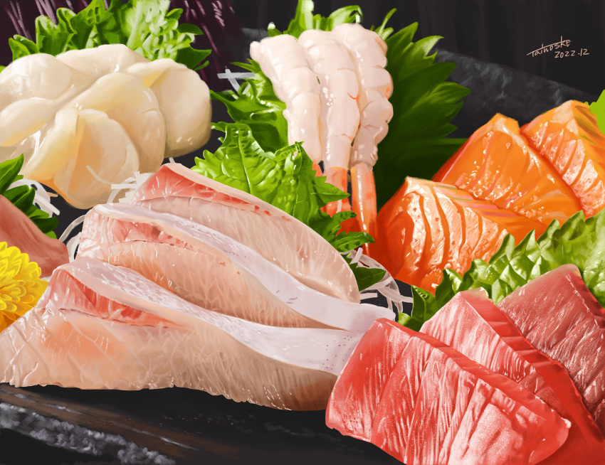 commentary_request dated fish fish_(food) food food_focus highres leaf lettuce no_humans original plate realistic salmon sashimi scallop shrimp signature still_life tainosuke tuna