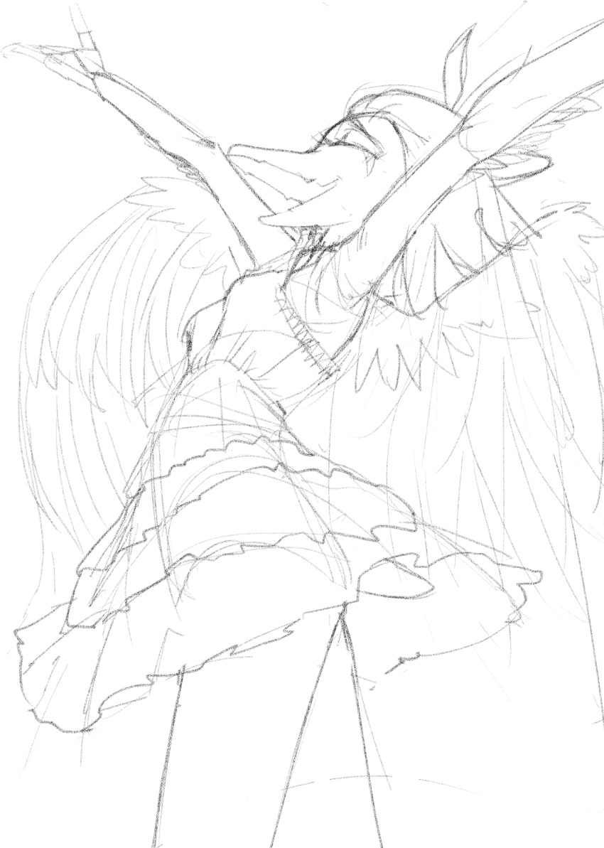absurd_res anthro arms_above_head bottomless breasts clothed clothing dinosaur dress eyes_closed fang_(gvh) feathered_wings feathers female goodbye_volcano_high hair hi_res long_hair long_snout monochrome open_mouth pterodactylus pterosaur reptile scalie side_view sketch small_breasts snoot_game_(fan_game) snout solo unknown_artist wings