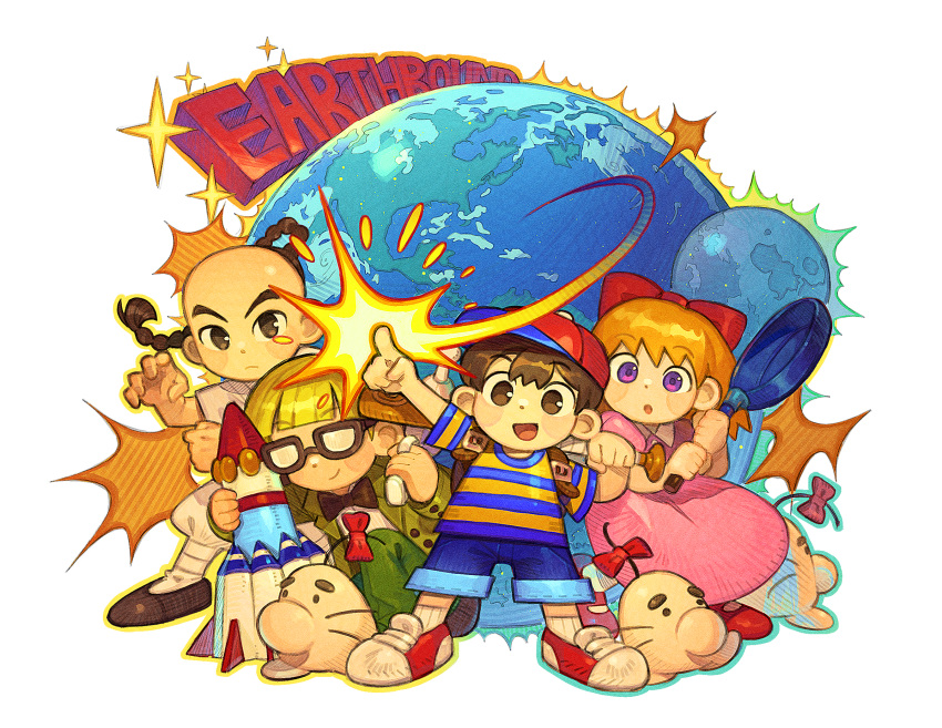 1girl 3boys 9twoeight baseball_cap black-framed_eyewear black_eyes black_hair blonde_hair blue_shorts blush bow braid chibi closed_mouth copyright_name doseisan dress earth_(planet) expressionless frying_pan glasses hair_bow hat highres holding holding_frying_pan jeff_andonuts long_hair moon mother_(game) mother_2 multiple_boys ness_(mother_2) open_mouth paula_(mother_2) pink_dress planet poo_(mother_2) purple_eyes red_bow red_footwear shirt shoes short_hair short_sleeves shorts single_braid smile sneakers socks striped striped_shirt white_socks
