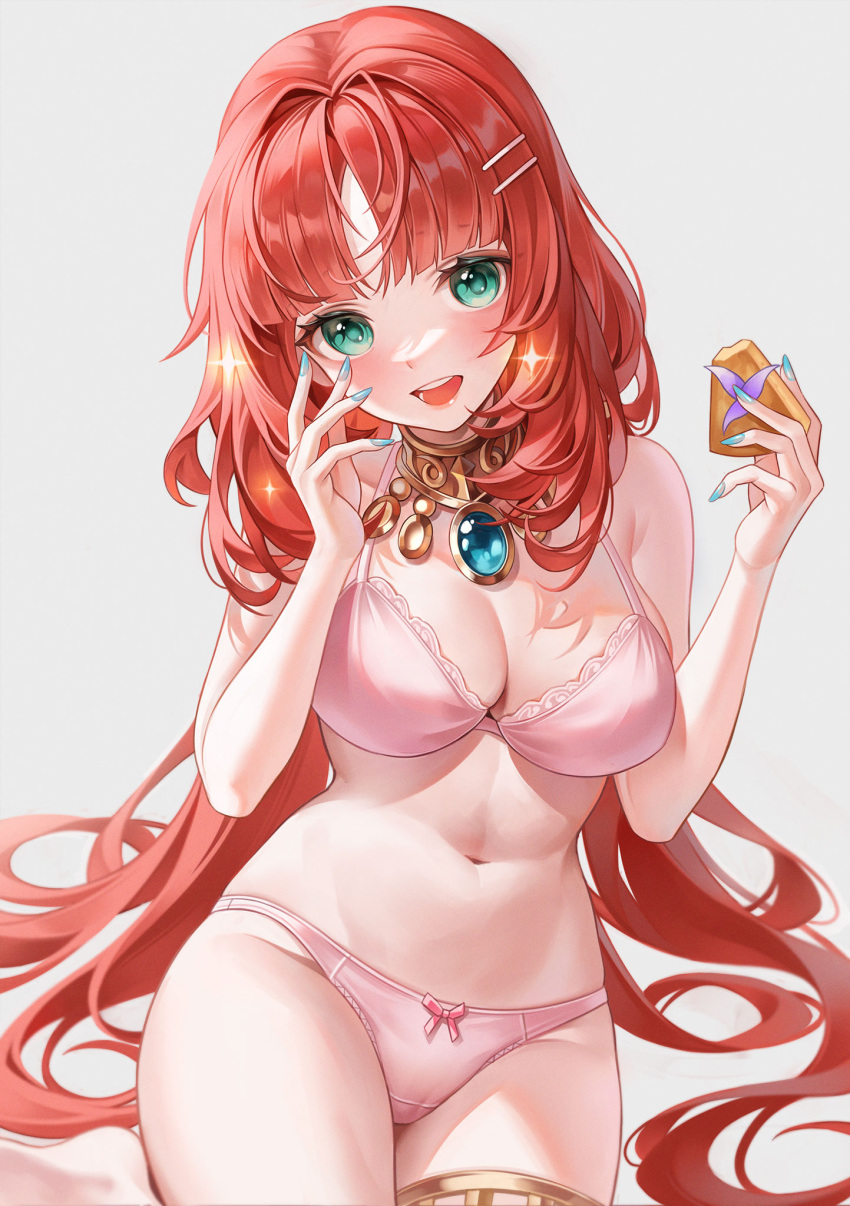 1girl :d aqua_nails bare_shoulders blush bow bowtie bra breasts brooch cameltoe commentary food genshin_impact highres holding holding_food jewelry large_breasts long_hair looking_at_viewer myless nail_polish navel neck_ring nilou_(genshin_impact) panties parted_bangs pie pink_bra pink_panties red_hair simple_background smile solo sparkle stomach thighlet underwear very_long_hair