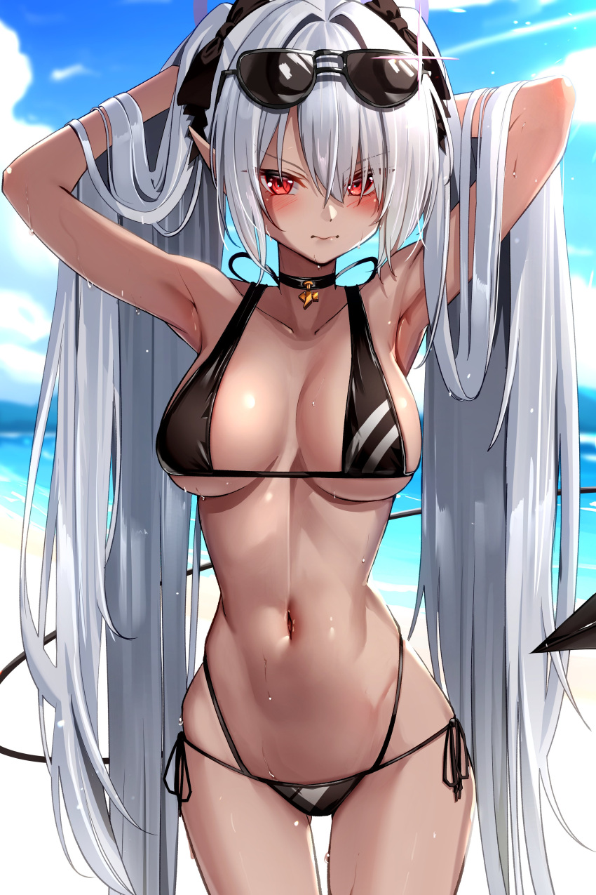 1girl absurdres armpits arms_behind_head arms_up bare_shoulders beach bikini black_bikini black_gloves blue_archive blue_sky blush breasts choker cleavage collarbone dark-skinned_female dark_skin demon_tail eyewear_on_head gloves grey_hair hair_over_one_eye hair_ribbon halo highres iori_(blue_archive) iori_(swimsuit)_(blue_archive) long_hair looking_at_viewer medium_breasts multi-strapped_bikini navel pointy_ears red_eyes ribbon sky solo sunglasses swimsuit tail thigh_strap thighs twintails very_long_hair yoshimoto_(carpsukidayo)