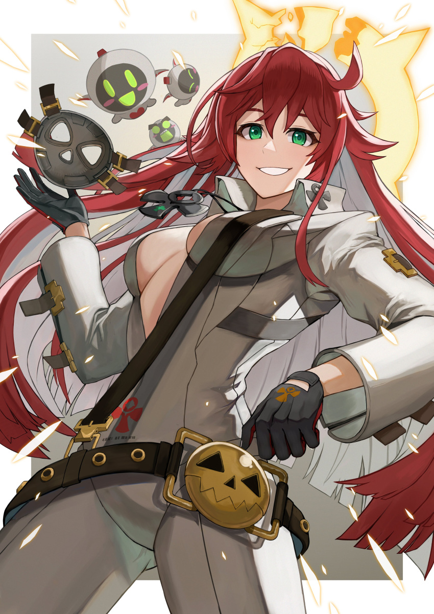 1girl absurdres ankh_necklace black_gloves bodysuit breasts broken_halo collared_shirt colored_inner_hair compass_rose_halo front_slit gloves green_eyes grey_mask grin guilty_gear guilty_gear_strive halo highres holding holding_mask jack-o'_valentine jewelry knight_servant large_breasts long_hair long_sleeves looking_at_viewer mask mask_removed mature_female medium_breasts multicolored_hair pendant plunging_neckline punikiman red_gloves red_hair shirt shoulder_belt skin_tight smile too_many_belts two-tone_gloves white_bodysuit white_hair