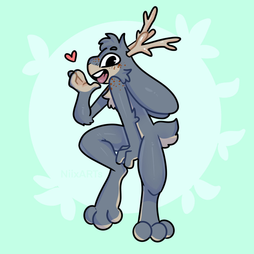 &lt;3 3_toes absurd_res anthro antlers cheek_tuft chest_tuft digitigrade ears_down facial_tuft feet freckles fur green_background grey_body grey_fur hi_res horn jackalope lagomorph male mammal open_mouth open_smile pivoted_ears simple_background smile solo tan_body tan_fur the_xing1 toes tuft wide_eyed