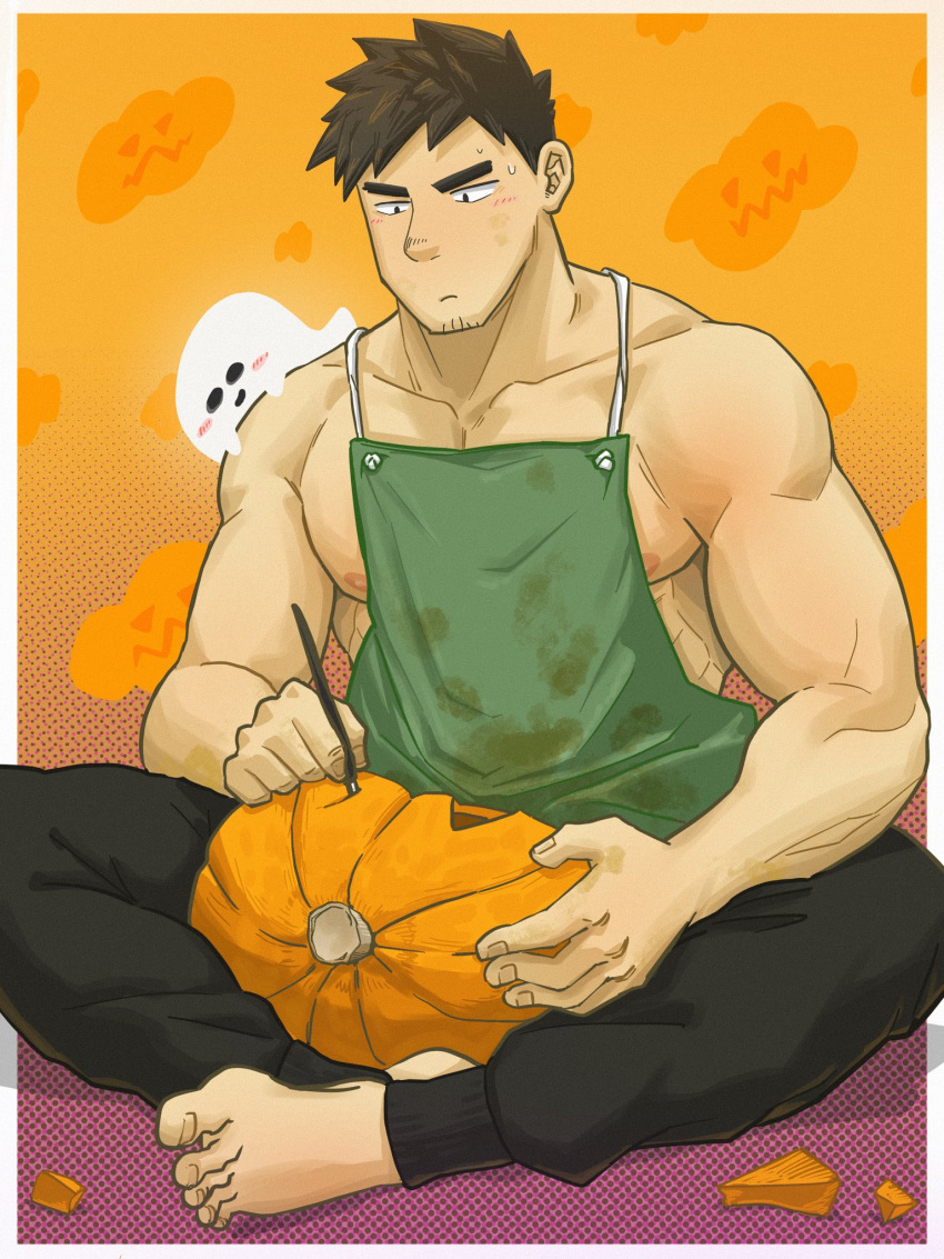 1boy amaimao apron bara full_body goatee_stubble green_apron halloween highres jack-o'-lantern large_pectorals male_focus muscular muscular_male nipples original pectorals short_hair sidepec sitting solo sweatdrop thick_eyebrows