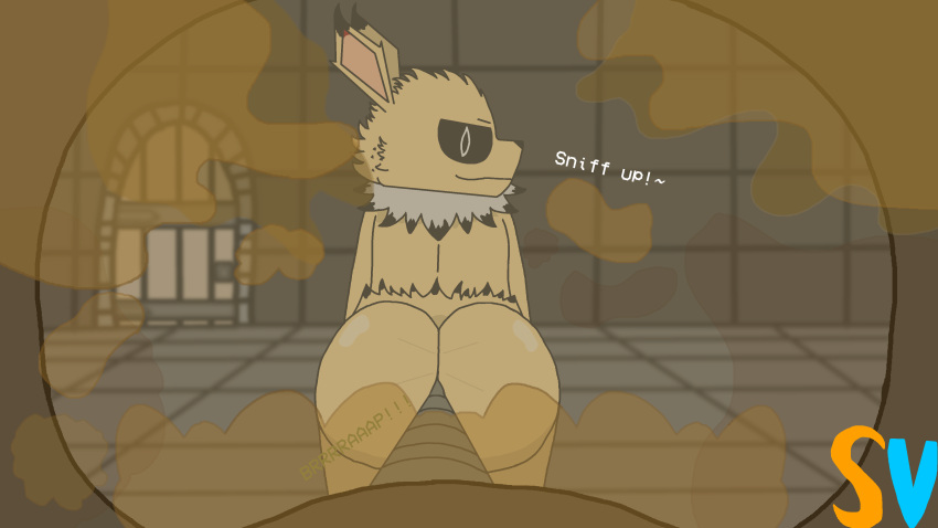 16:9 2023 absurd_res anthro bent_over blurred_background butt butt_focus digital_drawing_(artwork) digital_media_(artwork) dungeon eeveelution english_text fart fart_cloud fart_fetish first_person_view fur gas_mask generation_1_pokemon hi_res jolteon looking_at_viewer male male/male mask multicolored_body multicolored_fur nintendo pokemon pokemon_(species) shaded simple_shading smelly smile smiling_at_viewer smirk smirking_at_viewer smug_grin solo speedyvibes stink_fumes text trapped vibesthejolteon widescreen