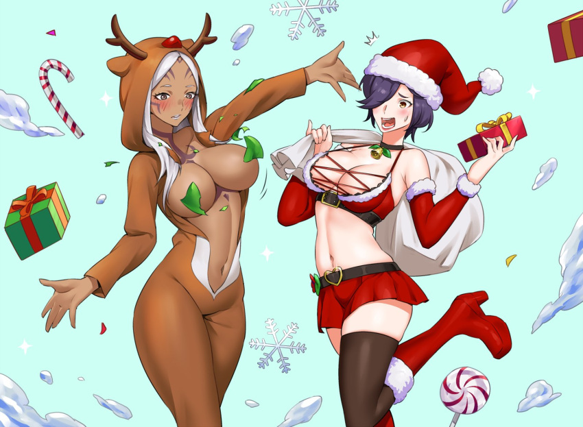2girls alternate_costume animal_costume animal_hood aversa_(fire_emblem) blush bow bowtie breasts candy candy_cane christmas convenient_censoring fire_emblem fire_emblem_awakening fire_emblem_heroes food gift green_bow green_bowtie hat highres holding holding_gift hood igni_tion kiran_(female)_(fire_emblem) large_breasts looking_at_viewer multiple_girls navel partially_unzipped purple_hair reindeer_costume reindeer_hood santa_costume santa_hat snowflakes torn_clothes white_hair