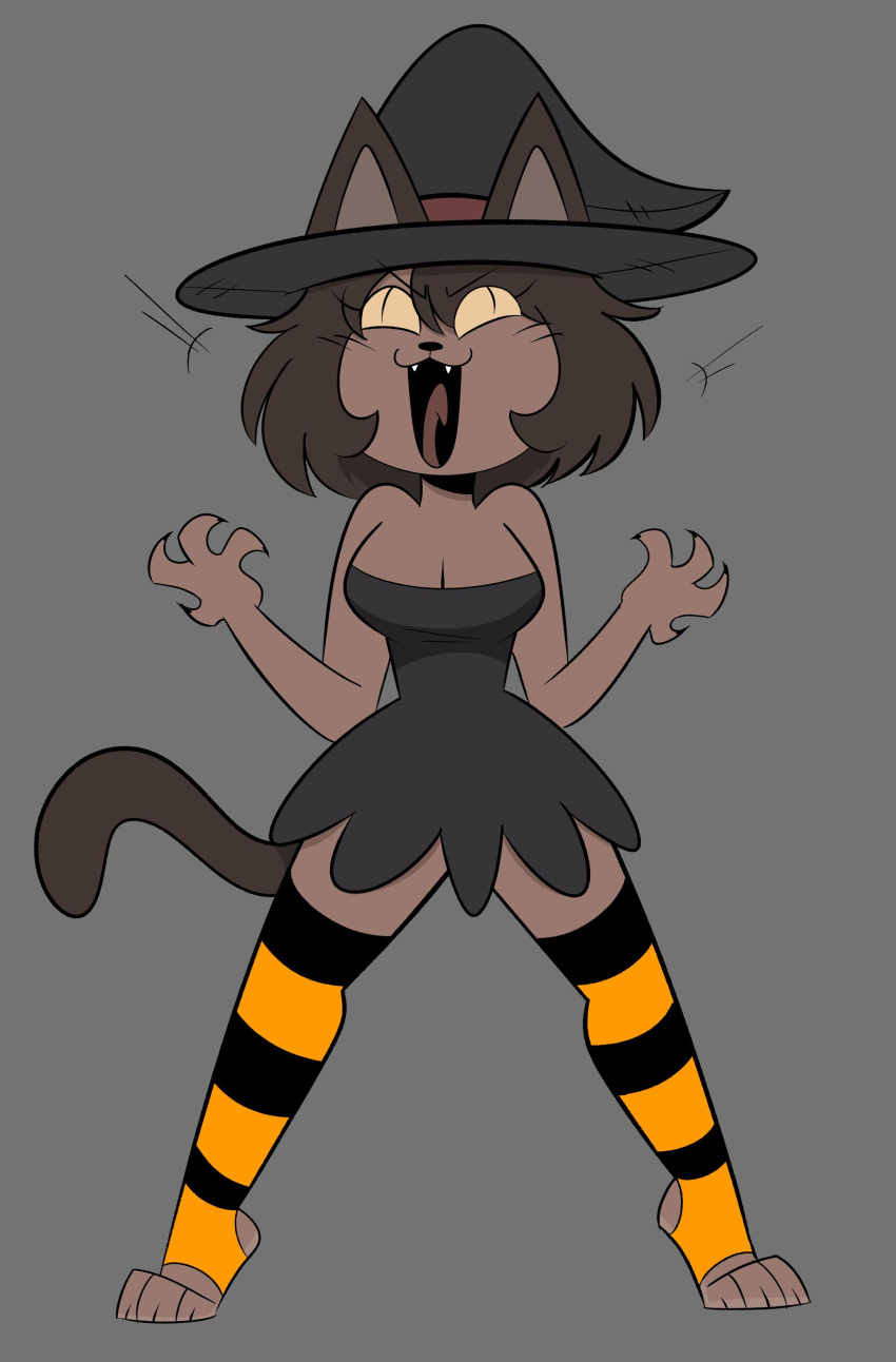 2019 3_claws 3_toes 4_claws 4_fingers absolute_territory absurd_res anthro biped black_clothing black_dress black_hat black_headwear black_mouth breasts brown_body brown_ears brown_fur brown_hair brown_inner_ear brown_tail brown_tongue clawed_fingers claws cleavage clothed clothed_anthro clothed_female clothing colored cute_fangs darkened_tail digital_drawing_(artwork) digital_media_(artwork) digitigrade domestic_cat dress eye_roll eye_through_hair eyebrow_through_hair eyebrows eyelashes eyelashes_through_hair fangs feet felid feline felis female female_anthro finger_claws fingers front_view full-length_portrait fur grey_background hair hat headgear headwear hi_res kabula_(artist) laugh mammal maniacal_laughing portrait prick_ears pupils simple_background slit_pupils solo stirrup_footwear stirrup_legwear stirrup_stockings strapless_clothing strapless_dress tail teeth toe_claws toes tongue topwear translucent translucent_hair wide_stance witch_hat yellow_sclera