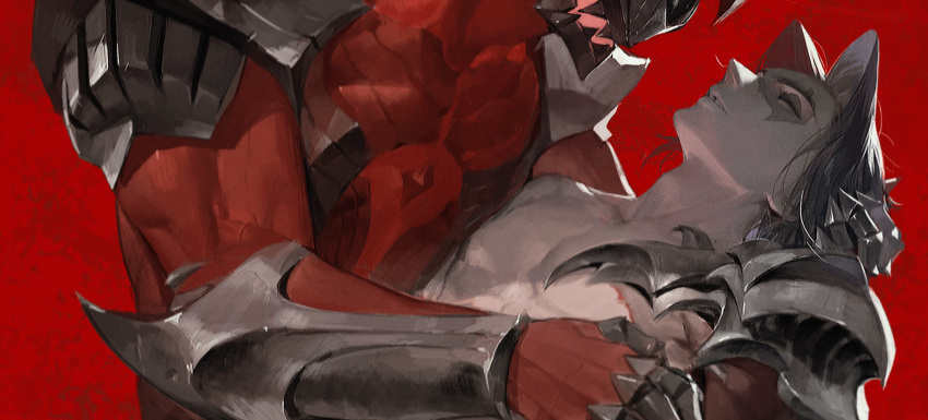 2boys armor closed_eyes demon glvlhippy hand_on_another's_head highres kayn_(league_of_legends) league_of_legends long_hair male_focus multiple_boys muscular muscular_male parted_bangs red_background rhaast scar scar_on_face shoulder_armor simple_background topless upper_body