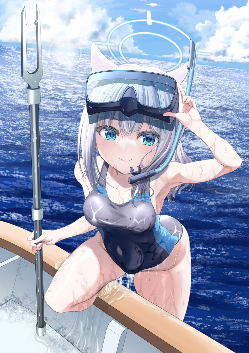 1girl animal_ear_fluff animal_ears black_one-piece_swimsuit blue_archive blue_eyes blue_sky boat breasts cloud competition_swimsuit covered_navel cross_hair_ornament day diving_mask diving_mask_on_head extra_ears goggles goggles_on_head grey_hair hair_ornament halo harpoon highres horizon kagura_hiromu looking_at_viewer low_ponytail medium_breasts medium_hair mismatched_pupils multicolored_clothes multicolored_swimsuit ocean official_alternate_costume one-piece_swimsuit outdoors shiroko_(blue_archive) shiroko_(swimsuit)_(blue_archive) sky smile snorkel solo swimsuit water watercraft wet wet_clothes wolf_ears