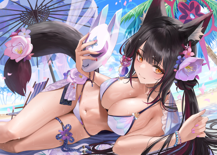 1girl animal_ear_fluff animal_ears beach bead_bracelet beads bikini black_hair blue_archive blue_sky blush bracelet breasts cleavage collarbone colored_inner_hair commentary_request day flower fox_ears fox_girl fox_mask fox_tail hair_flower hair_ornament halo holding holding_mask jewelry large_breasts long_hair looking_at_viewer lying mask multicolored_hair navel official_alternate_costume oil-paper_umbrella on_side outdoors petals red_hair ribbon sky smile solo stomach string_bikini swimsuit tail tail_flower tail_ornament thigh_strap umbrella wakamo_(blue_archive) wakamo_(swimsuit)_(blue_archive) water white_bikini yasawa_kichi yellow_eyes
