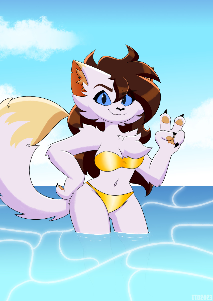 absurd_res anthro bikini breasts chest_fur cleavage clothed clothing domestic_cat felid feline felis female fluffy fluffy_tail fur gesture gold_bikini hair hi_res mammal mileena_smith_(travis_the_dragon) paws swimwear tail thick_thighs travis_the_dragon v_sign white_body white_fur