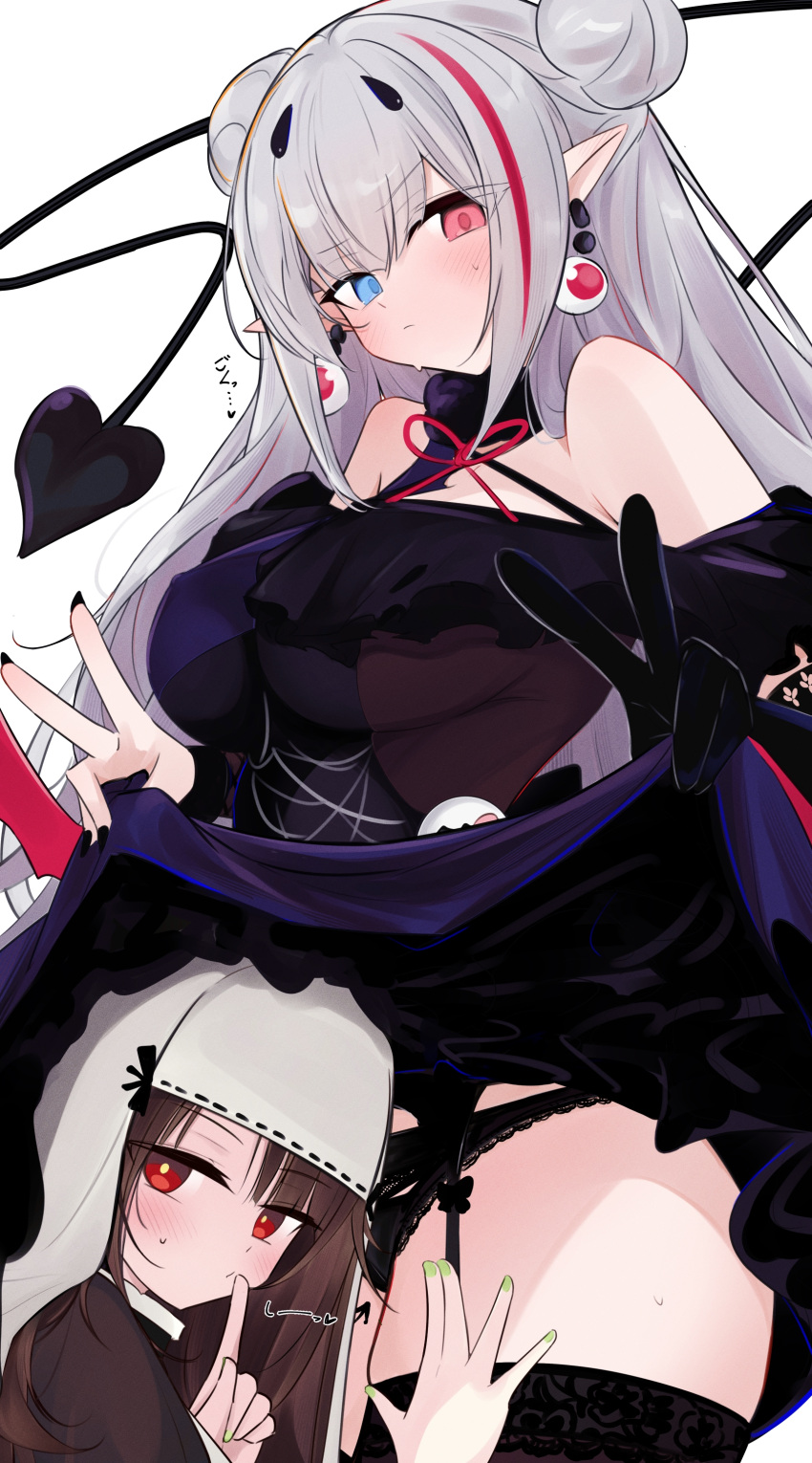 2girls absurdres black_panties body_writing c-ms_(girls'_frontline) c-ms_(to_matka_joanna)_(girls'_frontline) clothes_lift cowboy_shot demon_tail double_bun double_v dress earrings eyeball_earrings finger_to_mouth garter_belt girls'_frontline gloves grey_hair hair_bun halloween halloween_costume head_under_skirt heterochromia highres index_finger_raised jewelry lace-trimmed_panties lace_trim lifted_by_self long_hair mdr_(ghost_trap)_(girls'_frontline) mdr_(girls'_frontline) multicolored_clothes multicolored_dress multicolored_hair multiple_girls nail_polish ohichi16 panties pointy_ears single_glove skirt skirt_lift spider_web_print streaked_hair tail under_skirt underwear v vampire