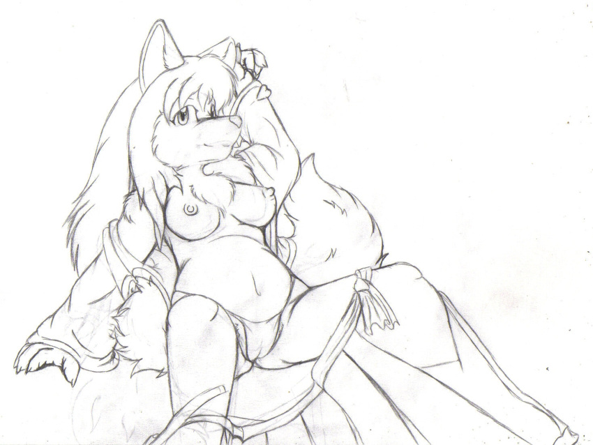 anthro asian_clothing breasts canid canine clothing east_asian_clothing female firecat fox fundoshi hair japanese_clothing kitsune_youkai long_hair mammal nipples priest reclining sketch solo underwear