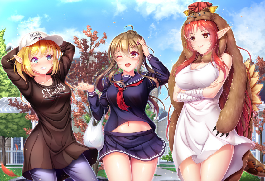 3girls arm_support bag bandaged_arm bandages baseball_cap blonde_hair blue_eyes blue_sky blush breasts brown_eyes brown_hair canada cloud commission crossed_arms crossover denim dress elf empty_eyes flower garden hair_ornament hairpin hat highres hiro_(725611) jeans large_breasts long_hair medium_breasts medium_hair multiple_girls navel original pants park pixiv_commission plastic_bag pointy_ears ponytail red_eyes sailor sky smile snake_tail stragen410 sundress tail very_long_hair wind