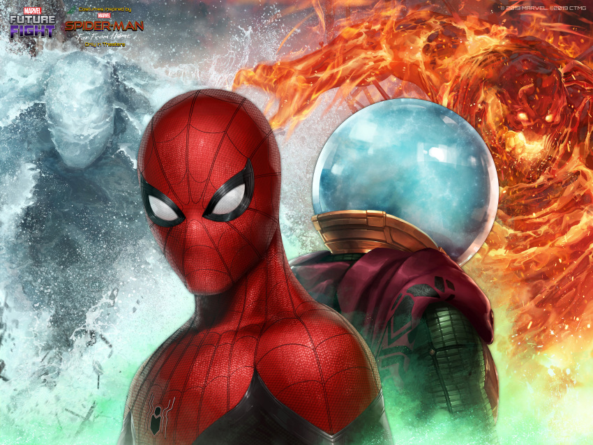 2boys absurdres character_name company_name copyright_name english_text highres jee-hyung_lee logo marvel mask multiple_boys mysterio spider-man spider-man_(series) upper_body watermark