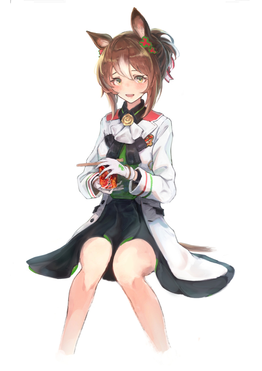 1girl animal_ears ascot black_skirt blush brown_hair buttons chopsticks clover_hair_ornament collared_shirt commentary_request cup_ramen double-breasted fine_motion_(umamusume) food gloves green_eyes green_vest hair_between_eyes hair_bun hair_ornament highres holding holding_chopsticks holding_food horse_ears horse_girl horse_tail jacket long_sleeves multicolored_hair shirt short_hair simple_background skirt smile solo streaked_hair suke_omi tail umamusume vest white_ascot white_background white_gloves white_hair white_jacket