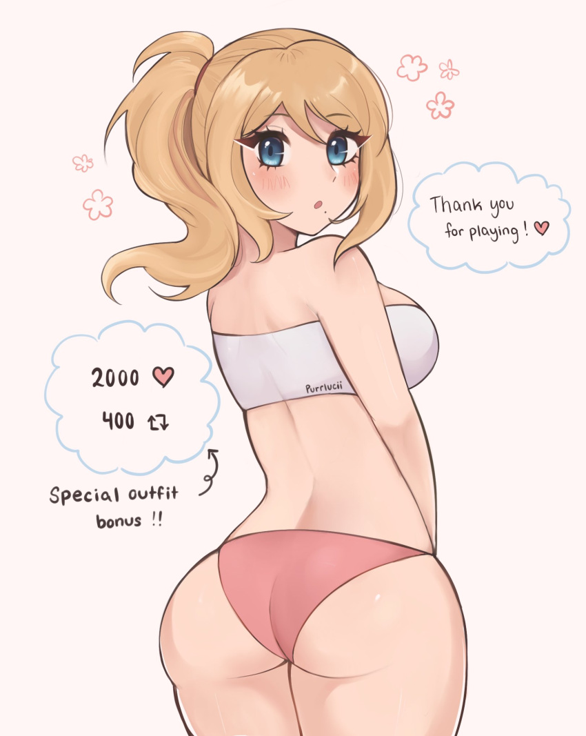 1girl artist_name ass blonde_hair breasts english_commentary from_behind highres looking_at_viewer looking_back median_furrow medium_breasts metroid mole mole_under_mouth panties parted_lips pink_panties ponytail purple_eyes purrlucii samus_aran solo twitter underwear white_background
