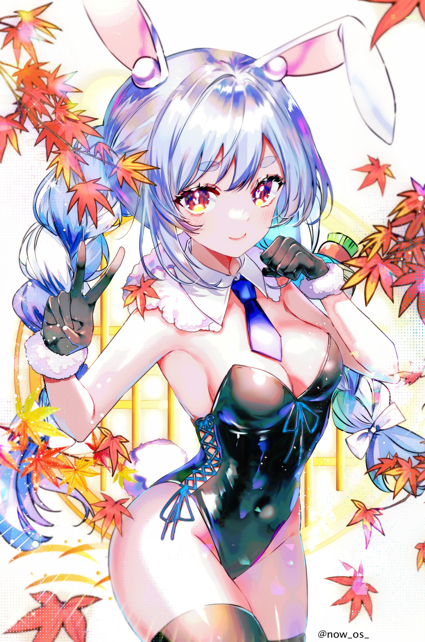 1girl absurdres animal_ear_fluff animal_ears autumn_leaves black_gloves black_leotard black_thighhighs blue_hair blue_necktie blush braid breasts cleavage clenched_hand closed_mouth commentary covered_navel detached_collar english_commentary fur-trimmed_gloves fur_trim gloves highres hololive leotard long_hair medium_breasts necktie orange_eyes playboy_bunny rabbit-shaped_pupils rabbit_ears rabbit_girl short_eyebrows short_necktie smile sowon strapless strapless_leotard symbol-shaped_pupils thick_eyebrows thighhighs twin_braids twitter_username usada_pekora v virtual_youtuber