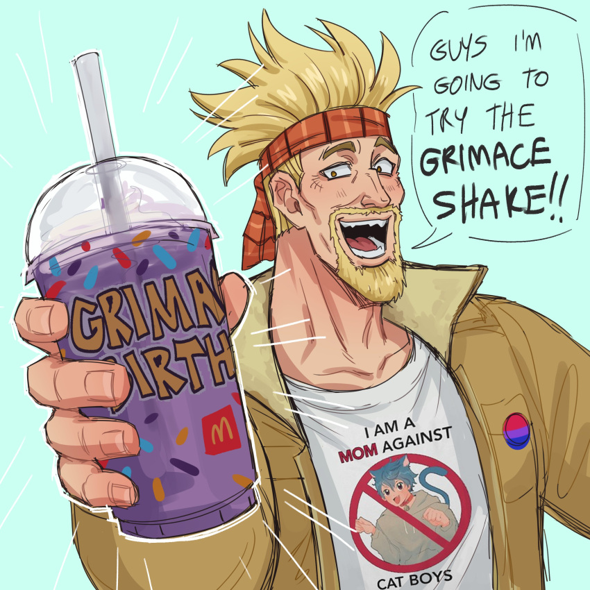 1boy :d absurdres bisexual_flag bisexual_flag_pin blonde_hair clothes_writing cup daxratchet disposable_cup drinking_straw english_text eyepatch facial_hair goatee grimace_shake_(meme) headband highres holding holding_cup i_am_a_mom_against_cat_boys_(meme) looking_at_viewer male_focus mature_male mcdonald's meme milkshake mustache outstretched_arm pin print_shirt purple_liquid red_headband scene_reference shirt short_hair sideburns smile solo spiked_hair thick_eyebrows thorkell upper_body vinland_saga
