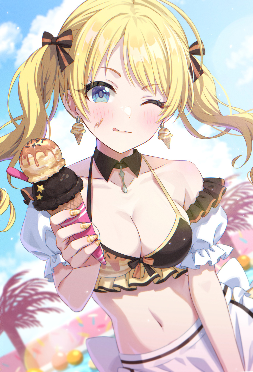 1girl :q absurdres ahoge bikini black_bikini blonde_hair blue_eyes blush breasts brown_bikini brown_nails cleavage closed_mouth collarbone dessert detached_collar earrings fingernails food food_on_face frilled_bikini frilled_sleeves frills hachimiya_meguru hair_ribbon highres holding holding_food holding_ice_cream ice_cream ice_cream_cone idolmaster idolmaster_shiny_colors jewelry large_breasts licking_lips long_fingernails long_hair looking_at_viewer momomoi_momoi multicolored_bikini multicolored_clothes nail_art nail_polish navel official_alternate_costume official_alternate_hairstyle one_eye_closed puffy_short_sleeves puffy_sleeves ribbon short_sleeves smile solo swimsuit tongue tongue_out twintails