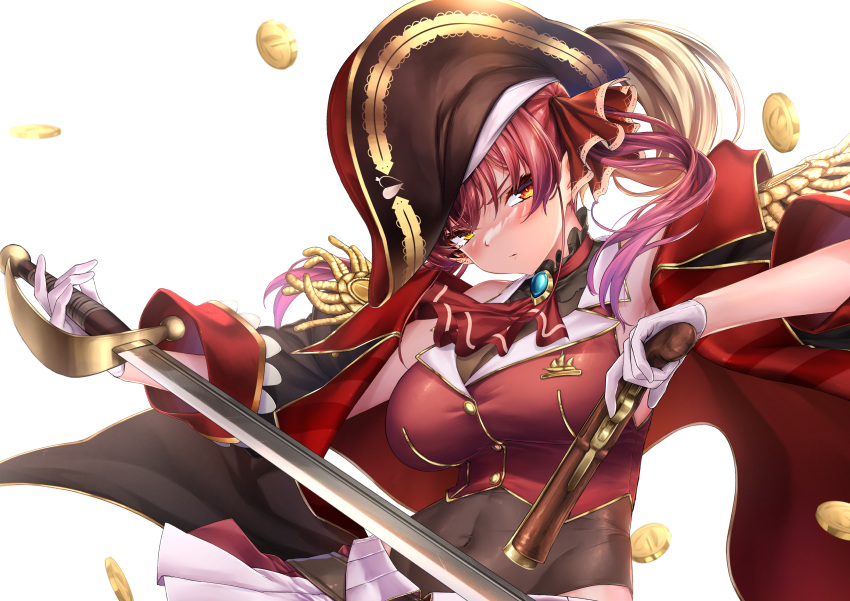 1girl absurdres antique_firearm ascot bicorne blush breasts cape cleavage coin commentary_request covered_navel cutlass firelock flintlock gold_coin gun hair_ribbon hat heterochromia highres holding holding_gun holding_sword holding_weapon hololive houshou_marine kakikurui large_breasts leotard leotard_under_clothes long_hair looking_ahead pirate_hat red_ascot red_cape red_eyes red_hair red_ribbon red_shirt ribbon see-through see-through_cleavage see-through_leotard shirt simple_background solo sword twintails upper_body virtual_youtuber weapon white_background yellow_eyes