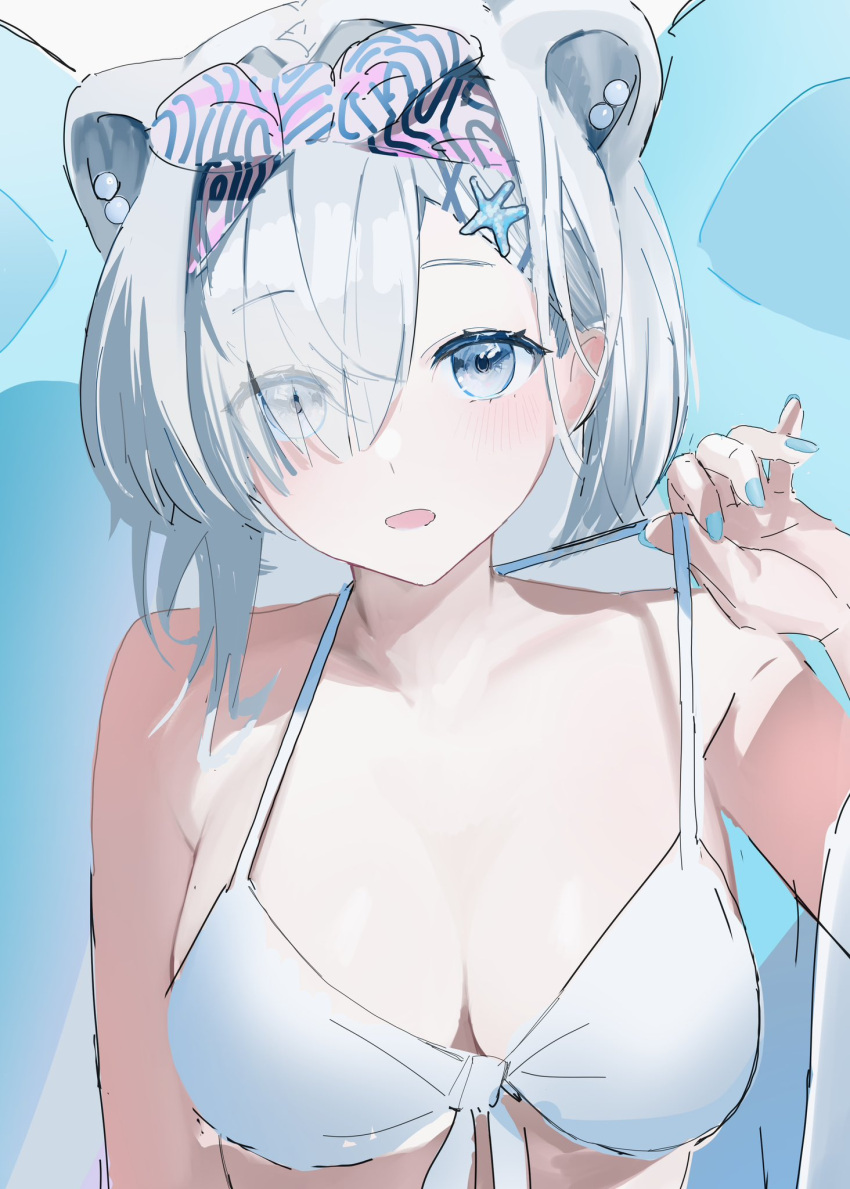 1girl animal_ears arknights aurora_(arknights) bear_ears bikini blue_eyes breasts cleavage eyes_visible_through_hair front-tie_bikini_top front-tie_top hair_over_one_eye hairband highres large_breasts looking_at_viewer sankichi_(croquette_crab) solo strap_pull swimsuit white_bikini white_hair