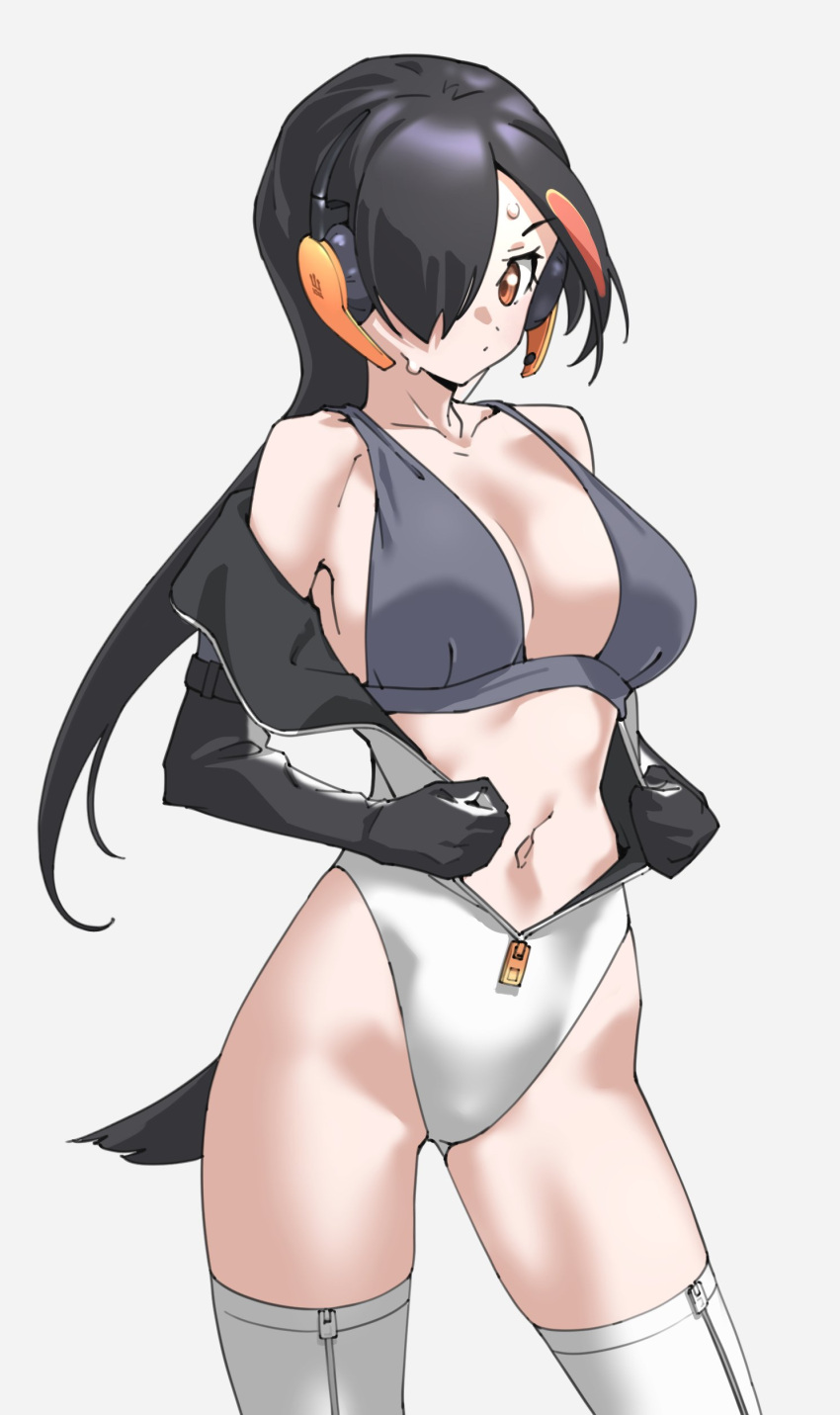 1girl absurdres alternate_costume bare_shoulders bikini bikini_top_only black_gloves black_hair elbow_gloves gloves grey_bikini hair_over_one_eye headphones highleg highleg_leotard highres kemono_friends king_penguin_(kemono_friends) leotard long_hair midriff multicolored_hair navel orange_eyes orange_hair solo streaked_hair swimsuit tanabe_(fueisei) thighhighs two-tone_hair white_leotard white_thighhighs