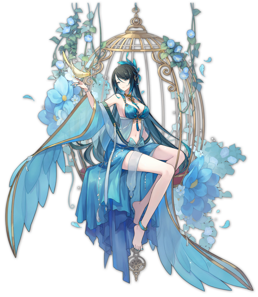 1girl artist_request barefoot bird bird_on_hand birdcage black_hair blue_dress blue_flower blue_hair blue_nails bracelet breasts cage clothing_cutout cockatiel dress feet flower highres jewelry large_breasts leaf looking_at_animal mahjong_soul multicolored_hair nail_polish navel official_art qing_luan solo stomach_cutout transparent_background