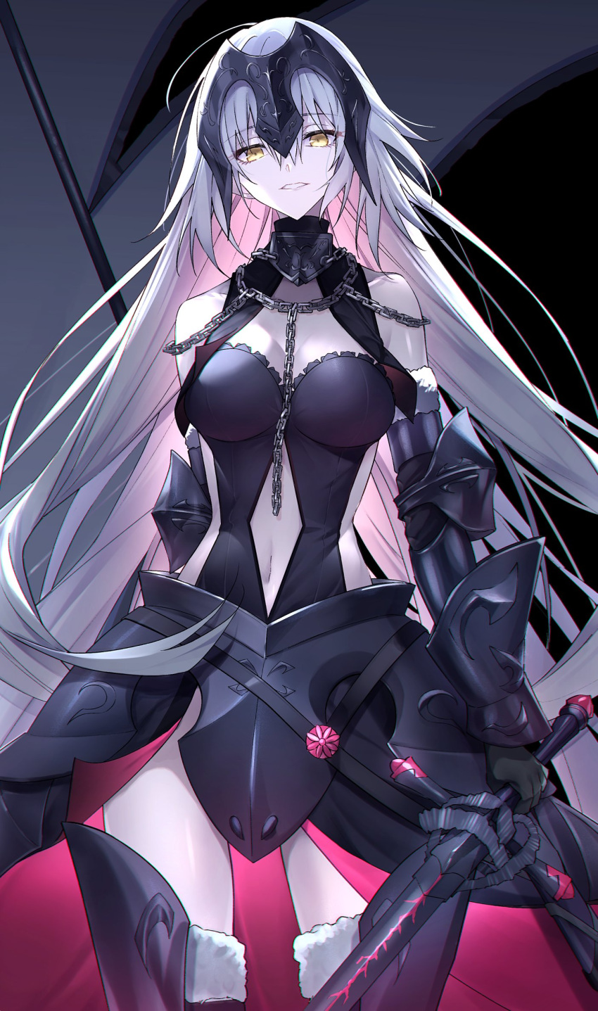 1girl armor armored_dress black_armor black_background black_dress black_gloves black_sleeves breasts chain clothing_cutout detached_sleeves dress fate/grand_order fate_(series) flag fur-trimmed_sleeves fur_trim gauntlets gloves grey_hair hair_between_eyes headpiece highres holding holding_flag holding_polearm holding_sword holding_weapon jeanne_d'arc_alter_(avenger)_(fate) jeanne_d'arc_alter_(avenger)_(third_ascension)_(fate) jeanne_d'arc_alter_(fate) long_hair looking_at_viewer medium_breasts navel pale_skin plackart polearm pttyr simple_background solo stomach_cutout sword very_long_hair weapon yellow_eyes