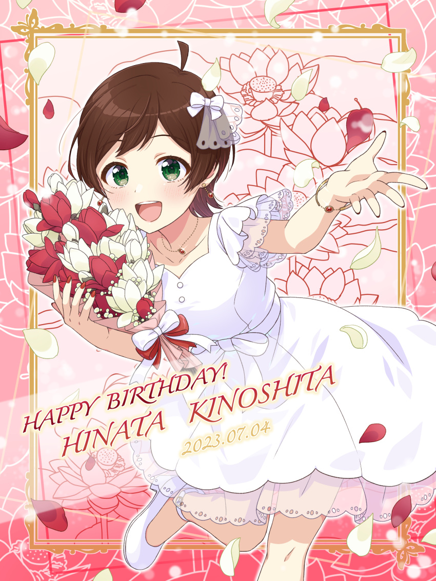 1girl 2023 absurdres ahoge blush bouquet bow bracelet brown_hair buttons character_name collarbone dress earrings falling_petals flower framed green_eyes hair_ornament hair_ribbon happy_birthday highres holding holding_bouquet idolmaster idolmaster_million_live! idolmaster_million_live!_theater_days jewelry kinoshita_hinata looking_at_viewer manicure nail_polish open_mouth ornate_border pendant petals red_flower red_petals ribbon see-through see-through_sleeves shiro_(ongrokm) short_hair short_sleeves sidelocks smile solo white_dress white_footwear white_petals