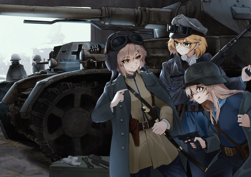 2boys 3girls absurdres belt belt_buckle blonde_hair blue_eyes blue_sailor_collar brown_hair buckle chinese_commentary coat combat_helmet cross epaulettes goggles green_eyes gun hammer_and_sickle handgun helmet highres holster iron_cross jacket leaked_cap luger_p08 military_coat military_vehicle motor_vehicle mp-40 multiple_boys multiple_girls original panzerkampfwagen_ii panzerkampfwagen_iv red_star sabre sailor sailor_collar serious shirt smile soviet_army stahlhelm striped striped_shirt tank tank_helmet teeth telnyashka tongue tongue_out tuziki_sang weapon wehrmacht wrench