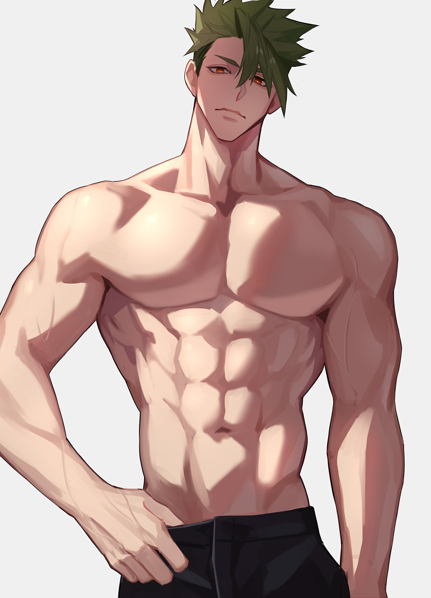 1boy abs absurdres achilles_(fate) black_pants collarbone fate/apocrypha fate_(series) grey_hair haruakira highres looking_at_viewer male_focus muscular muscular_male navel no_nipples orange_eyes pants pectorals short_hair solo thumb_in_beltline topless_male undercut upper_body v-taper veins veiny_arms white_background