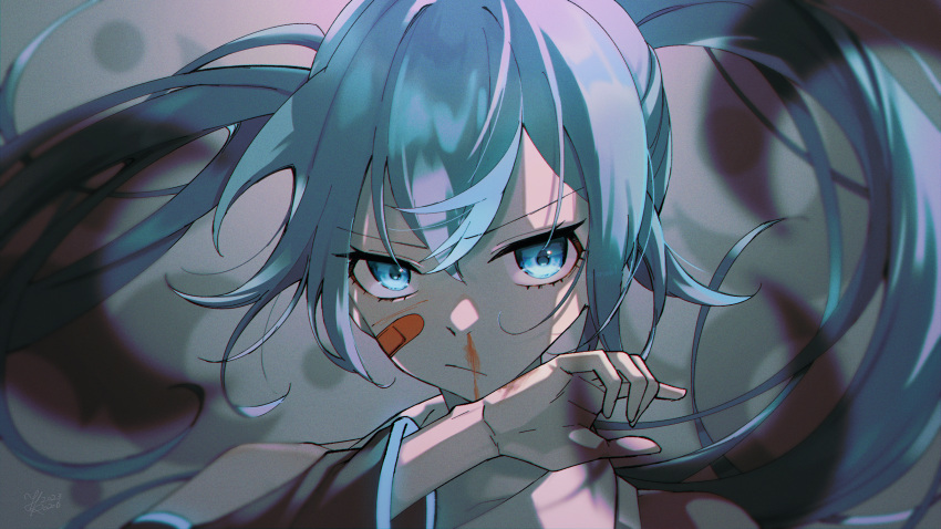 1girl angry bandaid bandaid_on_face blood blood_on_face blood_on_hands blue_eyes detached_sleeves eyelashes frown grey_background hair_between_eyes hatsune_miku highres long_hair looking_at_viewer nosebleed orange_blood rolling_girl_(vocaloid) solo twintails upper_body very_long_hair vocaloid wiping_blood yukichi_(tsuknak1)