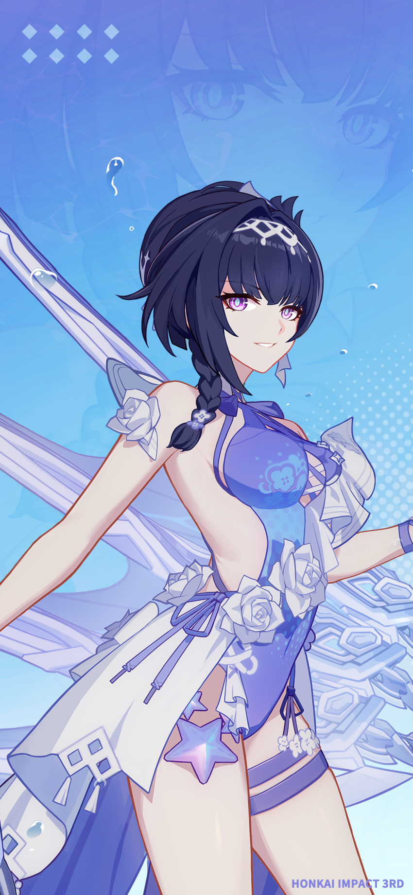 1girl bare_shoulders blue_theme bracelet braid breasts bubble chinese_commentary highres honkai_(series) honkai_impact_3rd jewelry large_breasts logo looking_at_viewer medium_hair multiple_swords official_art official_wallpaper raiden_mei raiden_mei_(herrscher_of_origin) simple_background smile solo swimsuit sword thigh_strap upper_body weapon