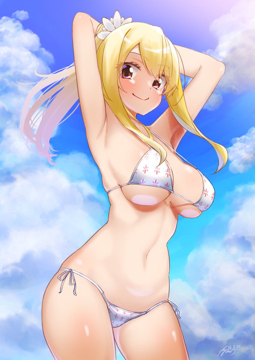 1girl armpits arms_behind_head ayuman bikini blonde_hair blue_sky breasts brown_eyes cloud cowboy_shot day fairy_tail highres large_breasts long_hair lowleg lowleg_bikini lucy_heartfilia ponytail presenting_armpit side-tie_bikini_bottom sidelocks sky smile solo swimsuit white_bikini