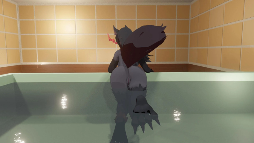 3d_(artwork) anthro blender_(software) butt digital_media_(artwork) female fire genitals hellhound_(mge) hi_res hir lymilark monster_girl_(genre) monster_girl_encyclopedia pool pussy solo tail tile widescreen