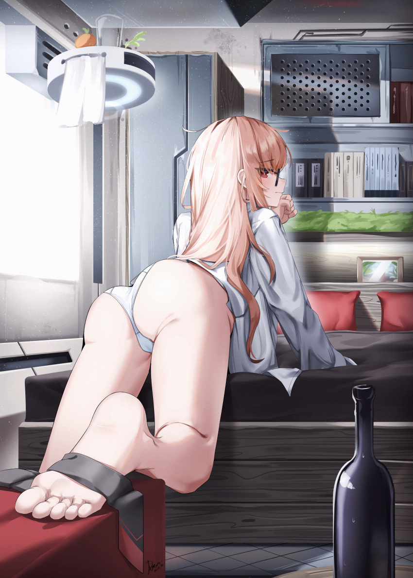 1girl absurdres alternate_costume ass bare_legs barefoot bed bedroom black-framed_eyewear blonde_hair closed_mouth di_le_to feet from_behind girls'_frontline glasses highres indoors long_hair long_sleeves looking_at_viewer looking_back on_bed panties profile red_eyes shirt soles solo thighs toes type_80_(girls'_frontline) underwear white_panties white_shirt