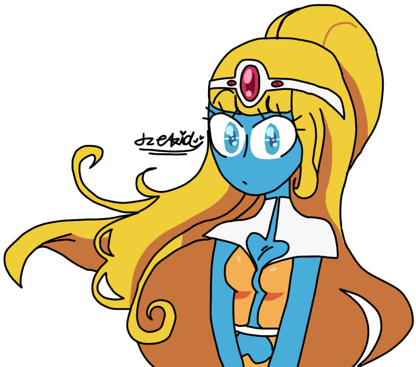 1girl alien blonde_hair blue_eyes blue_skin breasts closed_mouth clothing_cutout colored_skin dress forehead_jewel interstella_5555 jewelry long_hair looking_at_viewer medium_breasts non-web_source ponytail self-upload solo stella_(interstella_5555) white_background